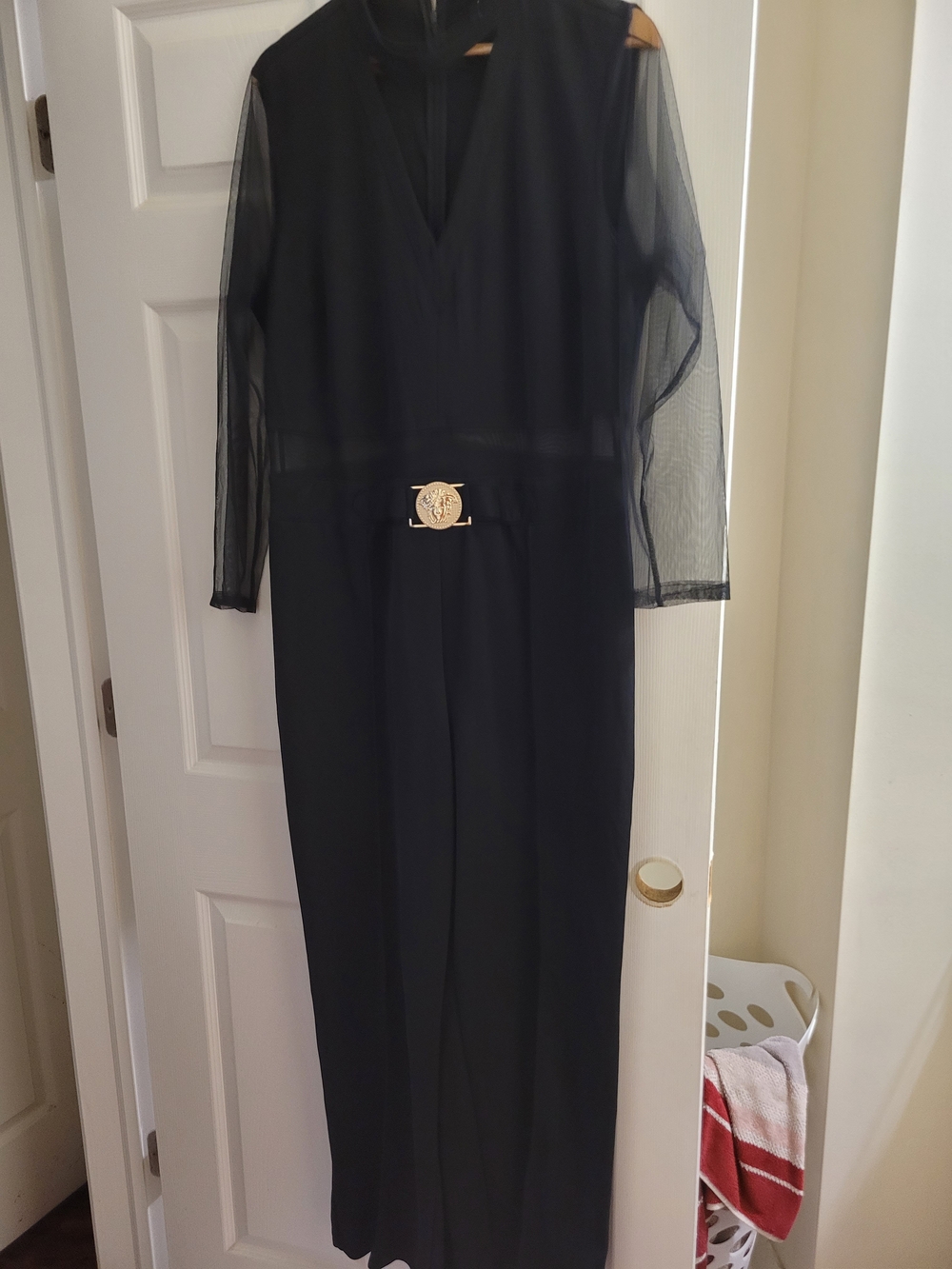 Ashley Stewart Black Long Sleeve Mesh Jumpsuit with Gold Accent